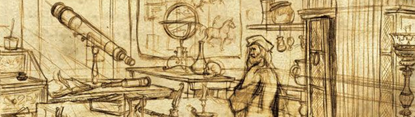 A pencil sketch on yellow paper depicting a man stood in a labratory containing a globe, various beakers, a telescope, writing desk, and various other apparatus.